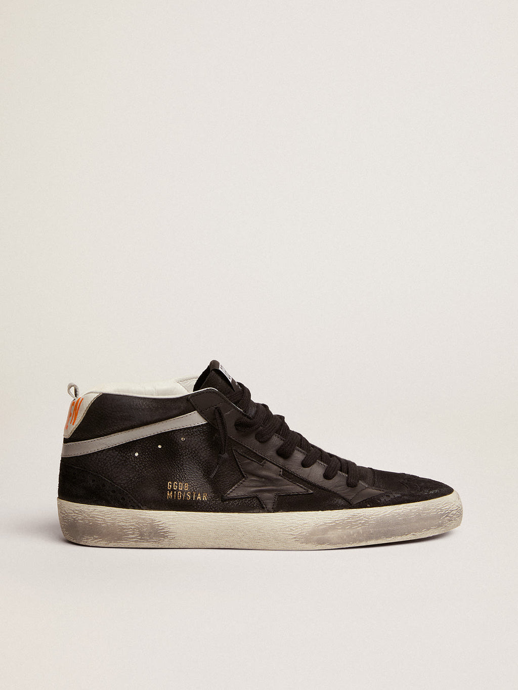 Sneaker Mid Star in nabuk nero con stella in pelle nera e virgola in pelle laminata color argento