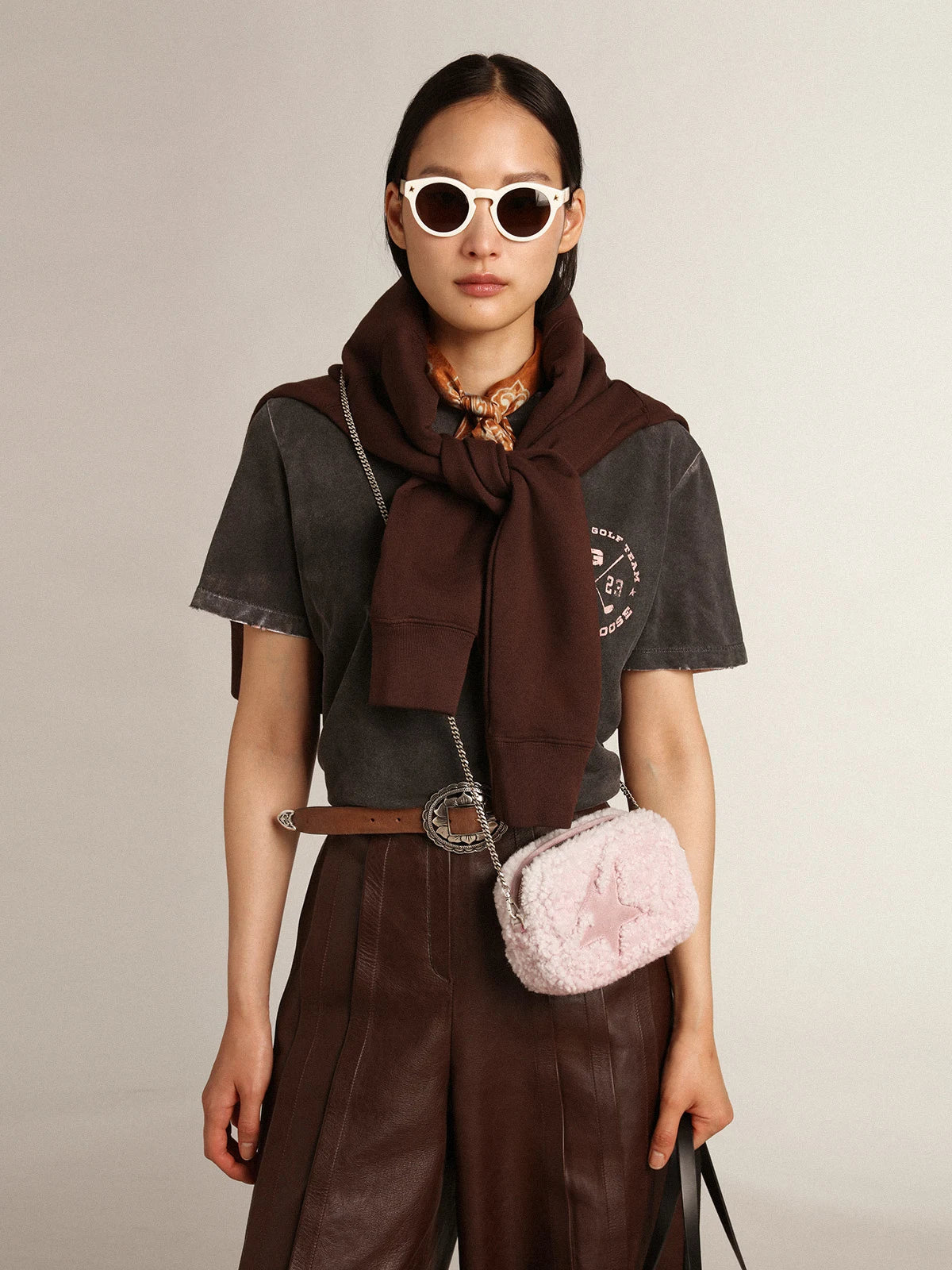 Borsa Mini Star Bag in shearling color rosa e con stella in suede