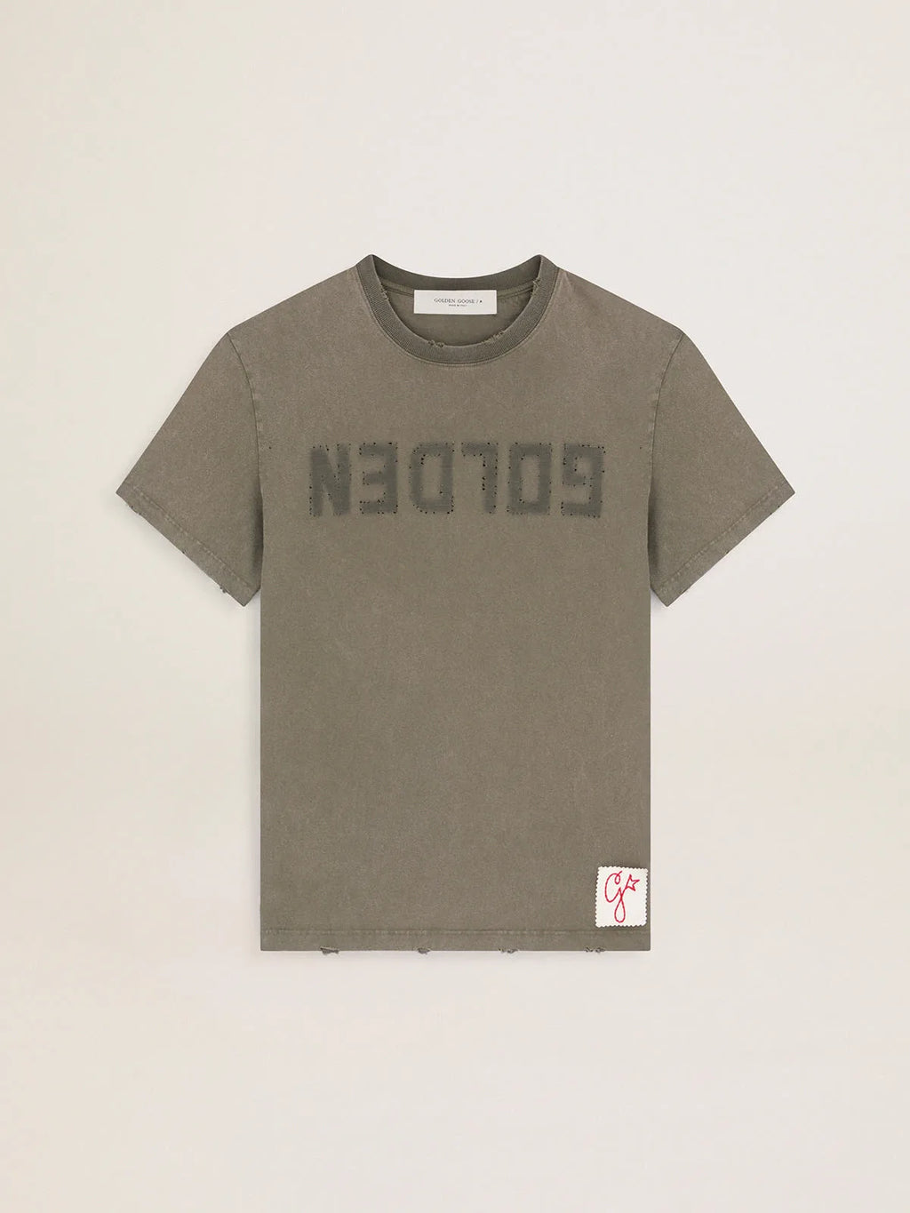 T-shirt Collezione Golden color verde oliva dall'effetto distressed con scritta Golden sul davanti