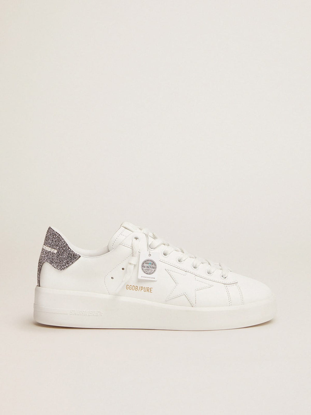 Sneaker Purestar in pelle bianca con talloncino in cristalli Swarovski argento