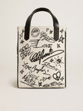 Borsa California Bag mini in cotone bianco con stampa nera a contrasto