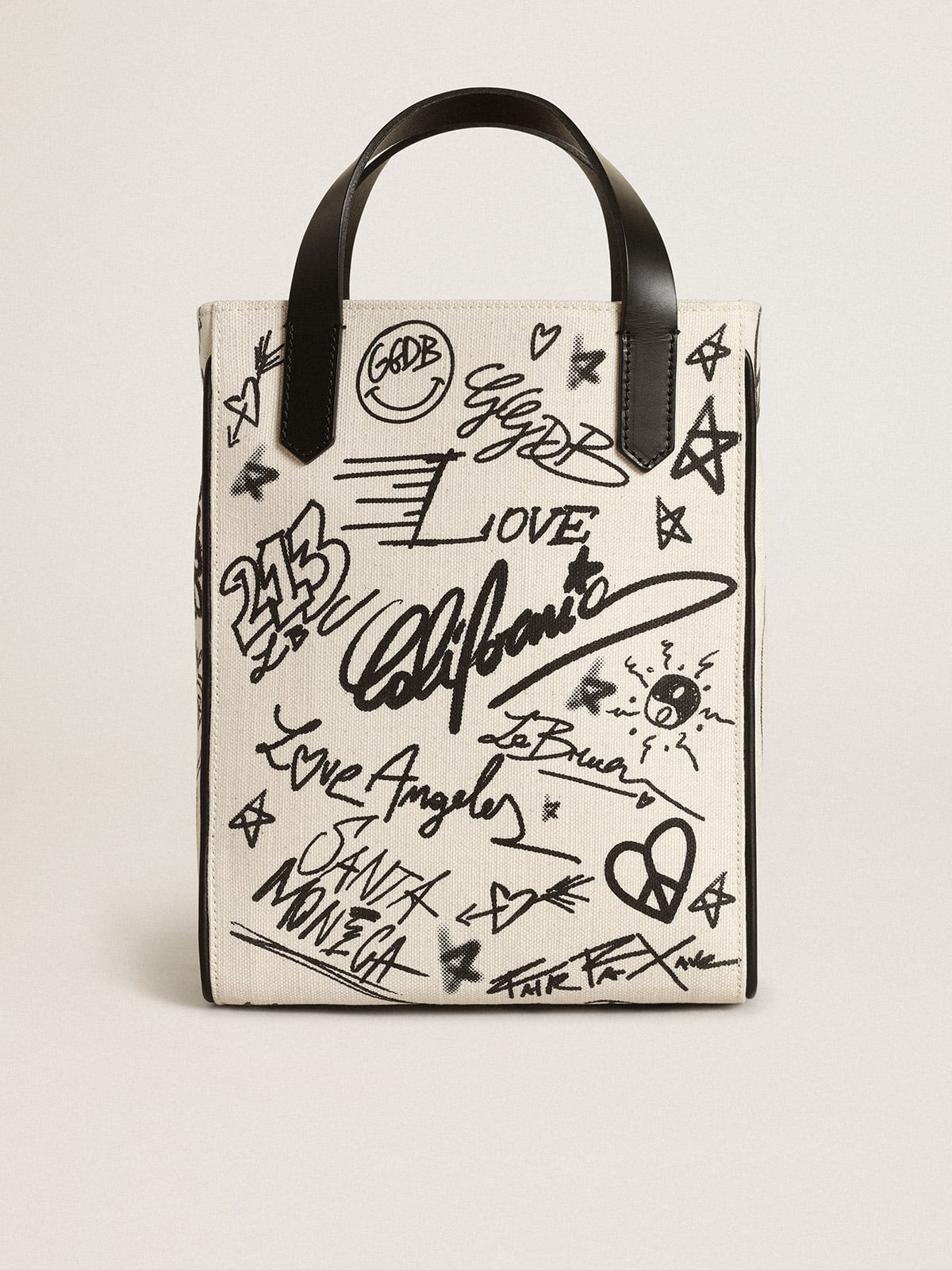 Borsa California Bag mini in cotone bianco con stampa nera a contrasto