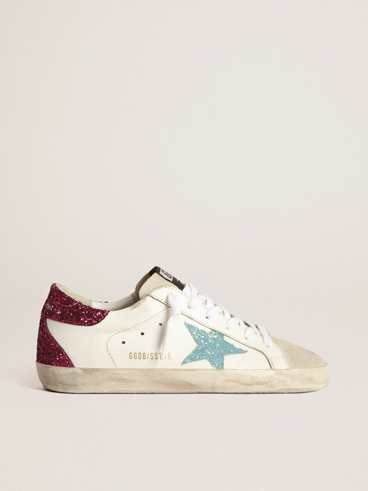 Sneaker Super-Star con stella in glitter azzurri e talloncino in glitter viola