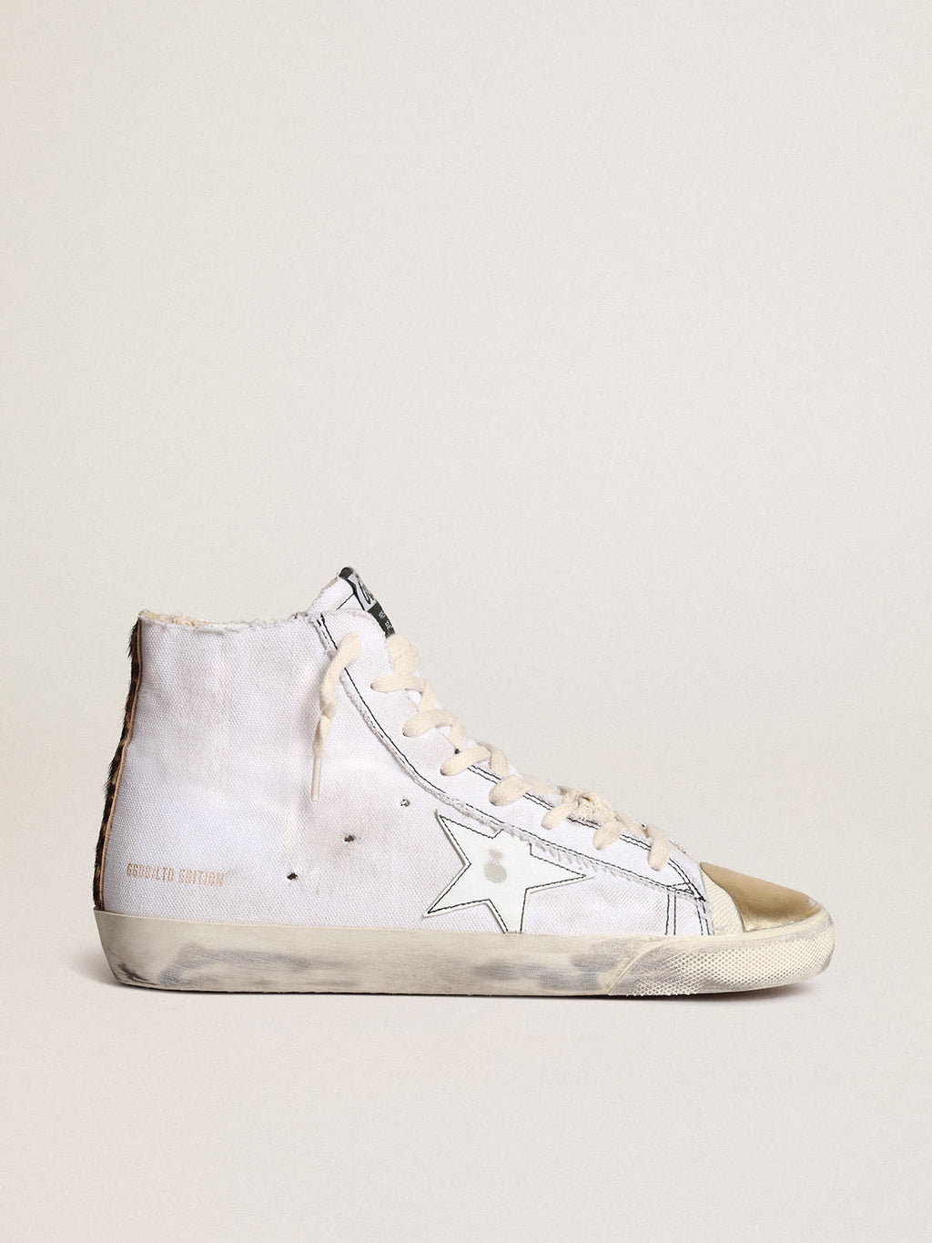 Sneaker Francy LAB con stella in pelle bianca e punta in pelle laminata color oro