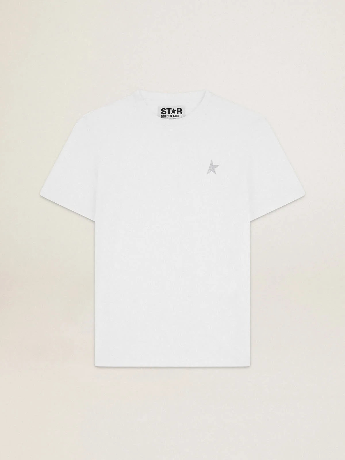 T-shirt bianca Collezione Star con stella in glitter argento sul davanti