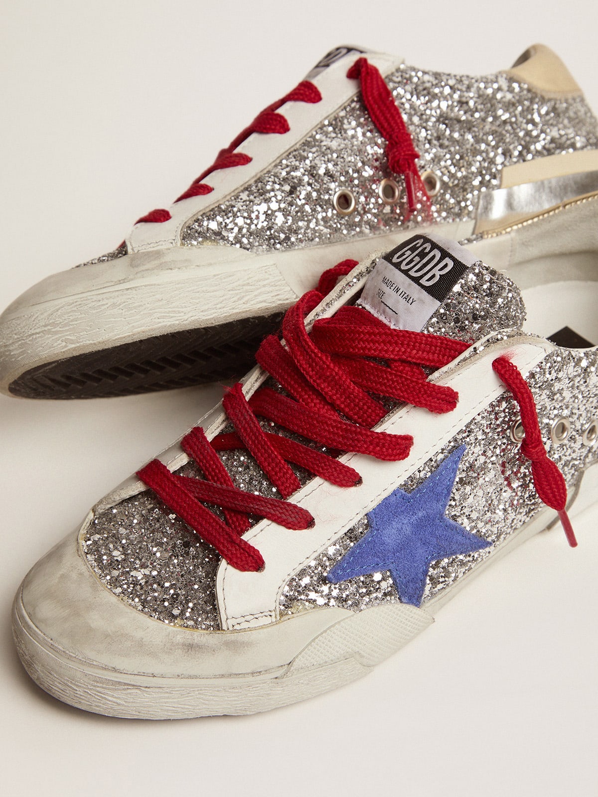 Sneaker Super-Star in glitter argento e multifoxing