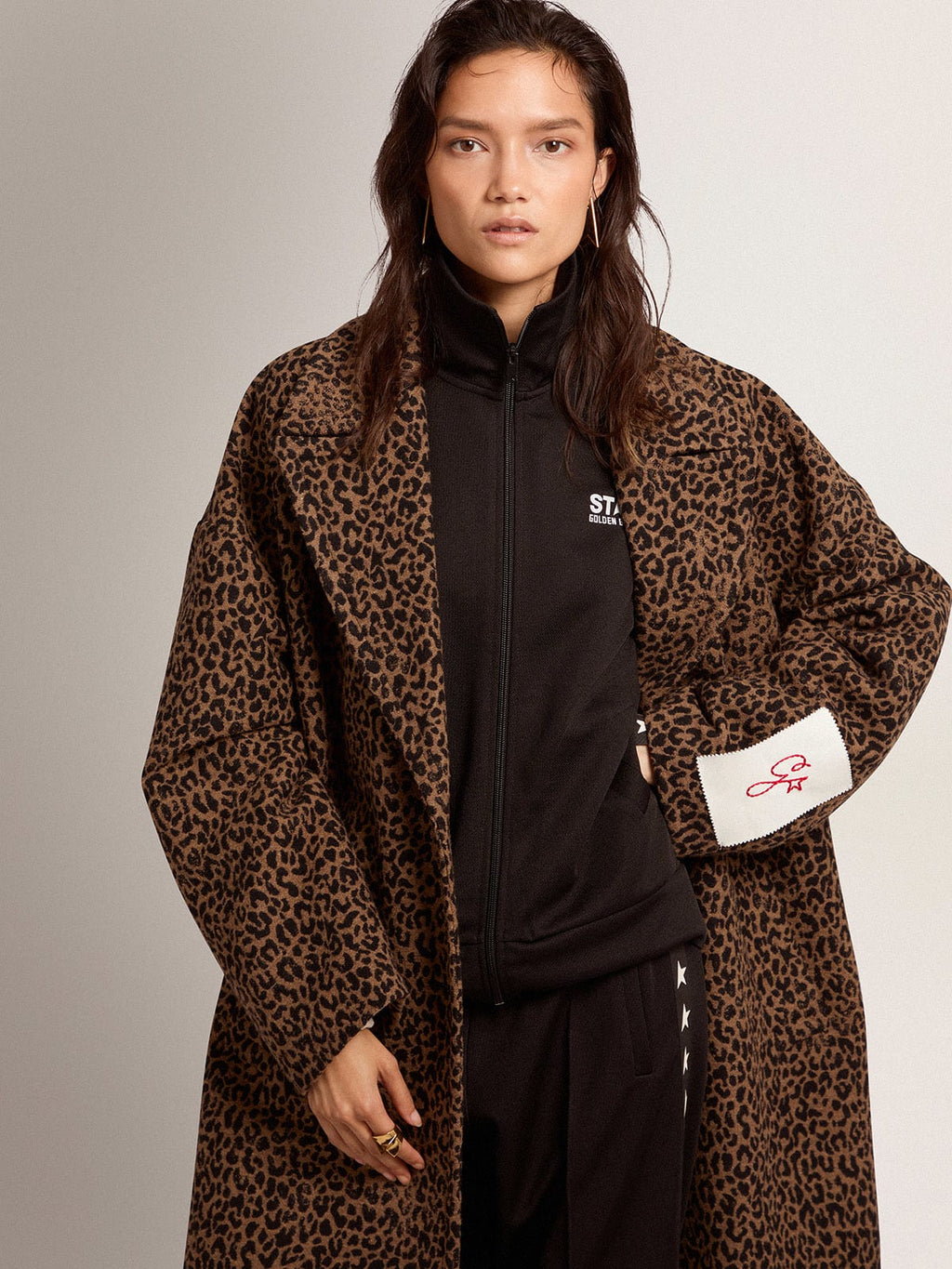 Cappotto monopetto cocoon in lana con motivo animalier jacquard