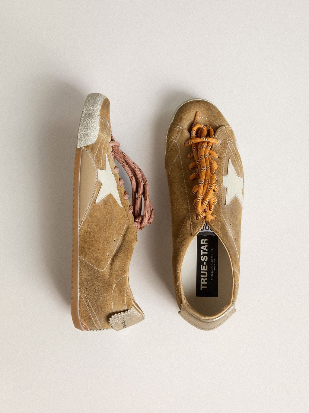 Women's True-Star in tobacco-colored suede with white star and platinum heel tab