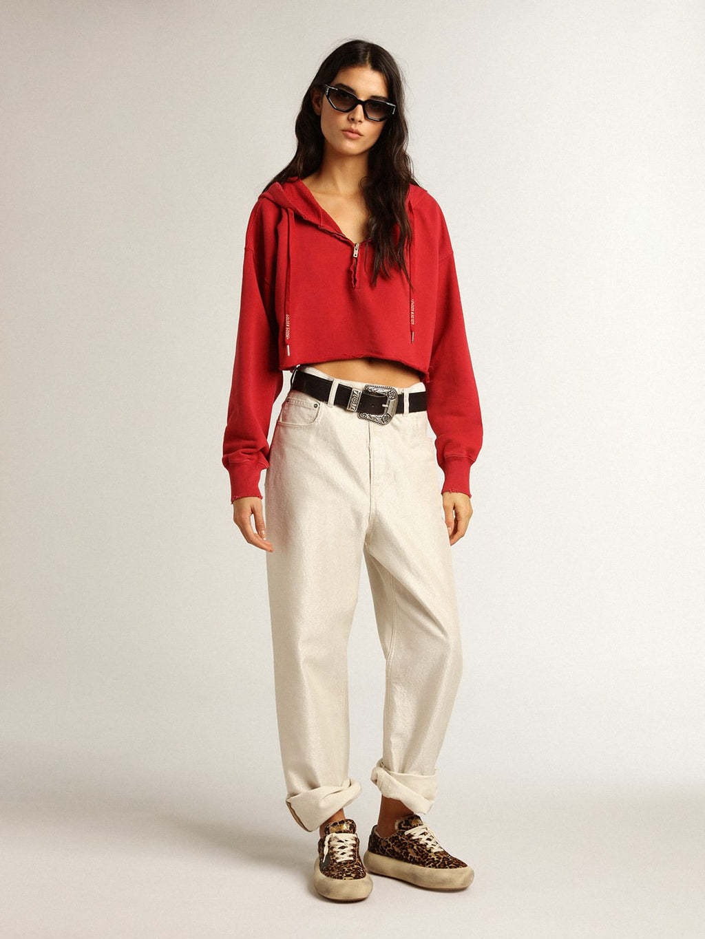 Felpa crop con cappuccio colore rosso