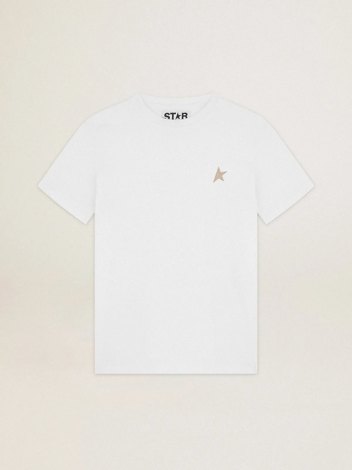 T-shirt bianca donna con stella in glitter dorati sul davanti