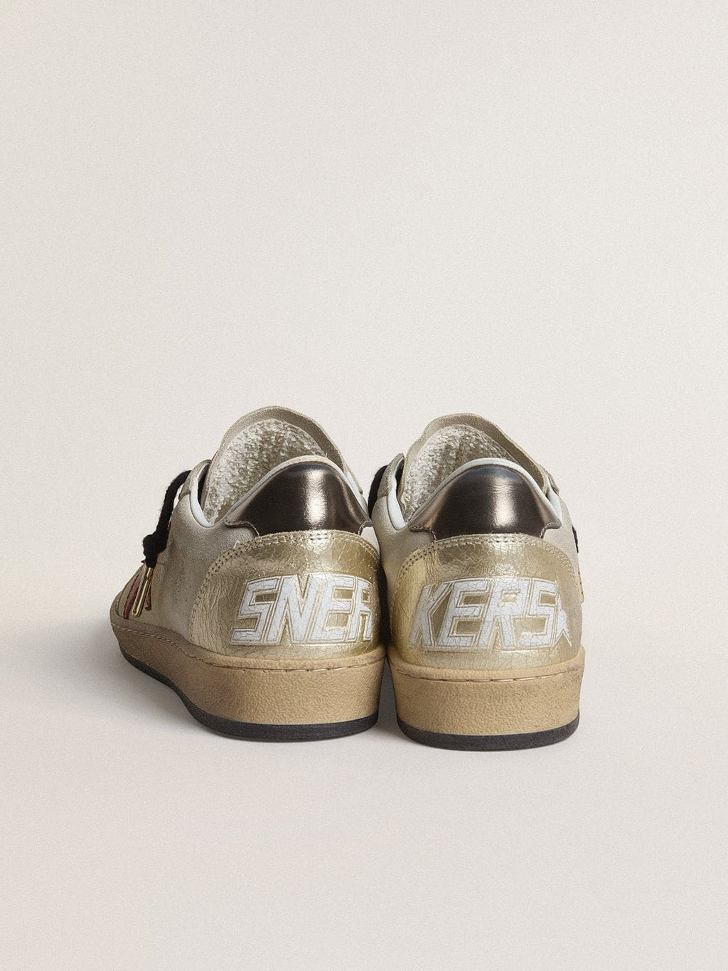 Ball Star in beige suede with red leather star and metallic bronze foiled leather heel tab