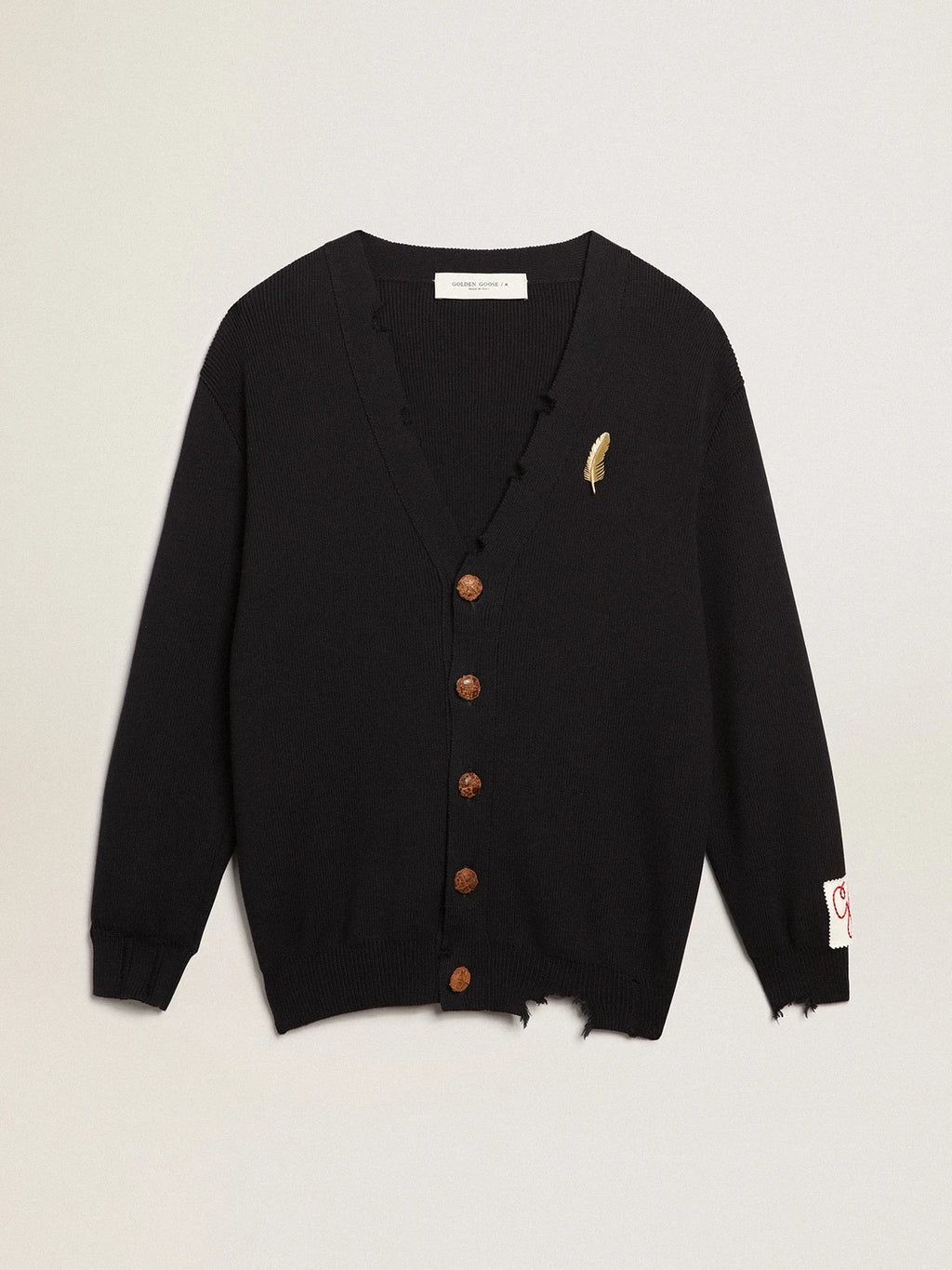 Cardigan donna in cotone blu scuro dal trattamento distressed