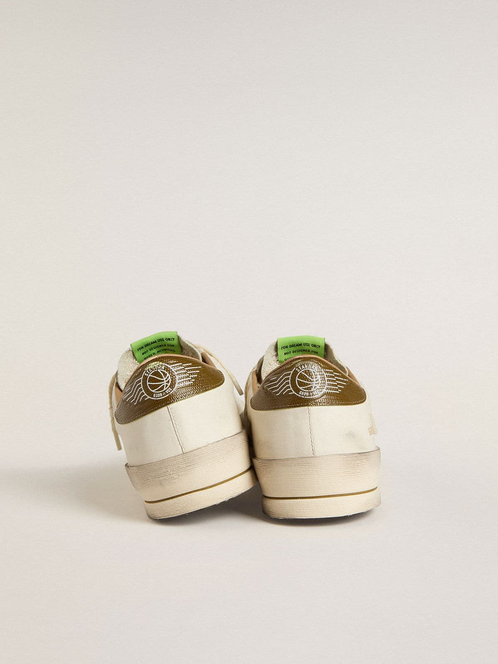 Men's Stardan in white leather with military-green snake-print leather star and heel tab