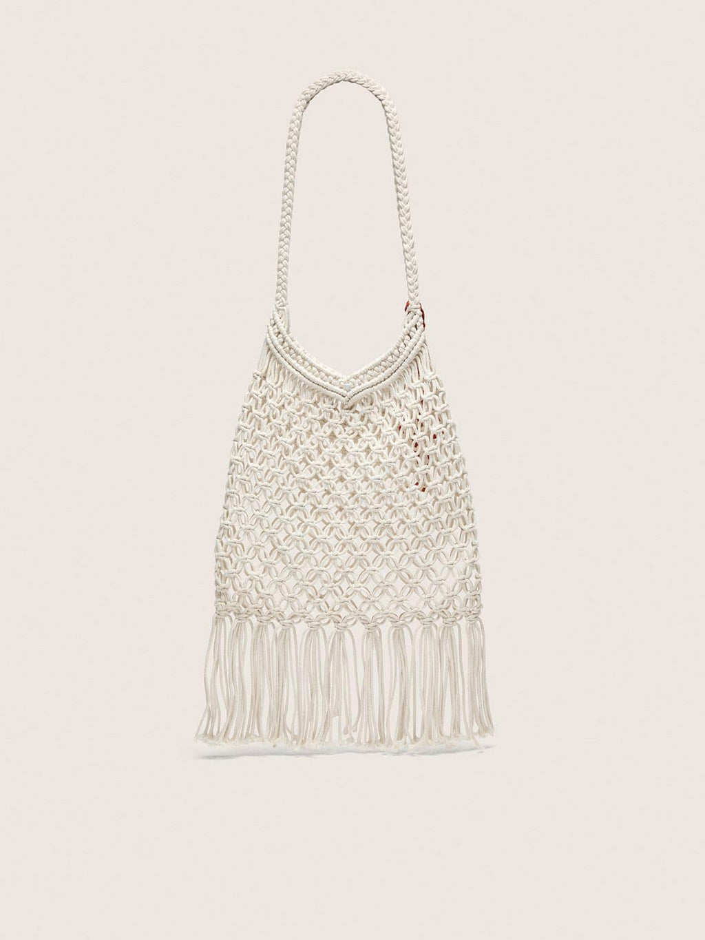 Women's macramé bag in butter-colored cotton with a leather lobster charm