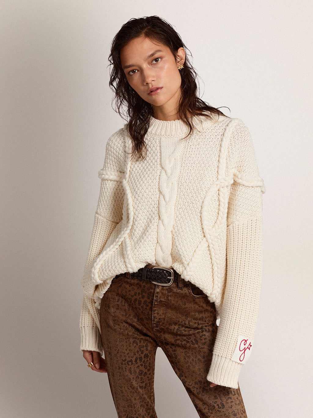 Maglione girocollo da donna in lana con motivo intrecciato
