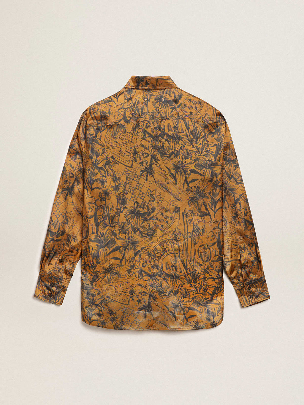 Camicia boyfriend Collezione Journey di colore marrone dorato con stampa notebook