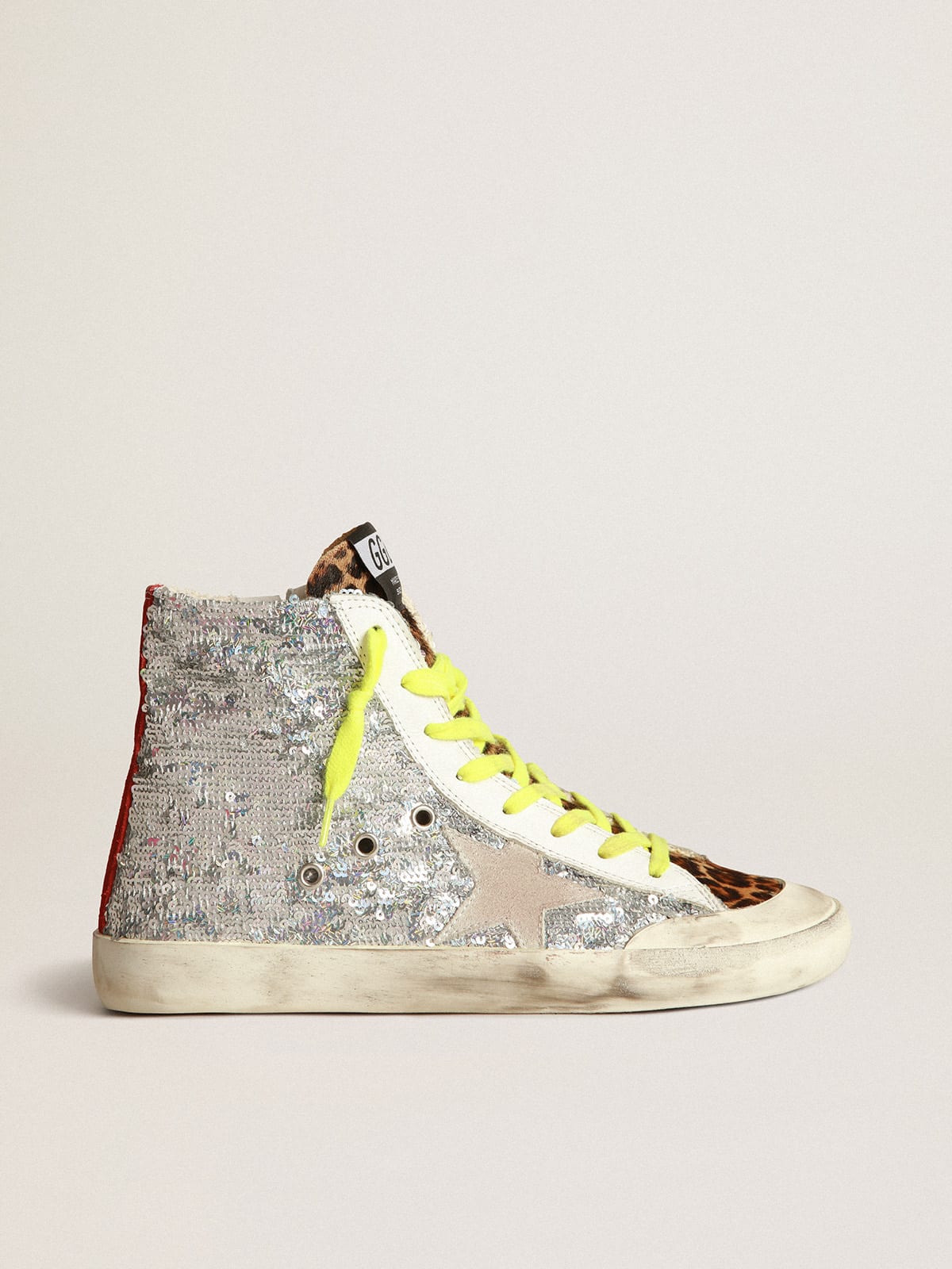 Sneakers Francy con paillettes argento e cavallino leopardato