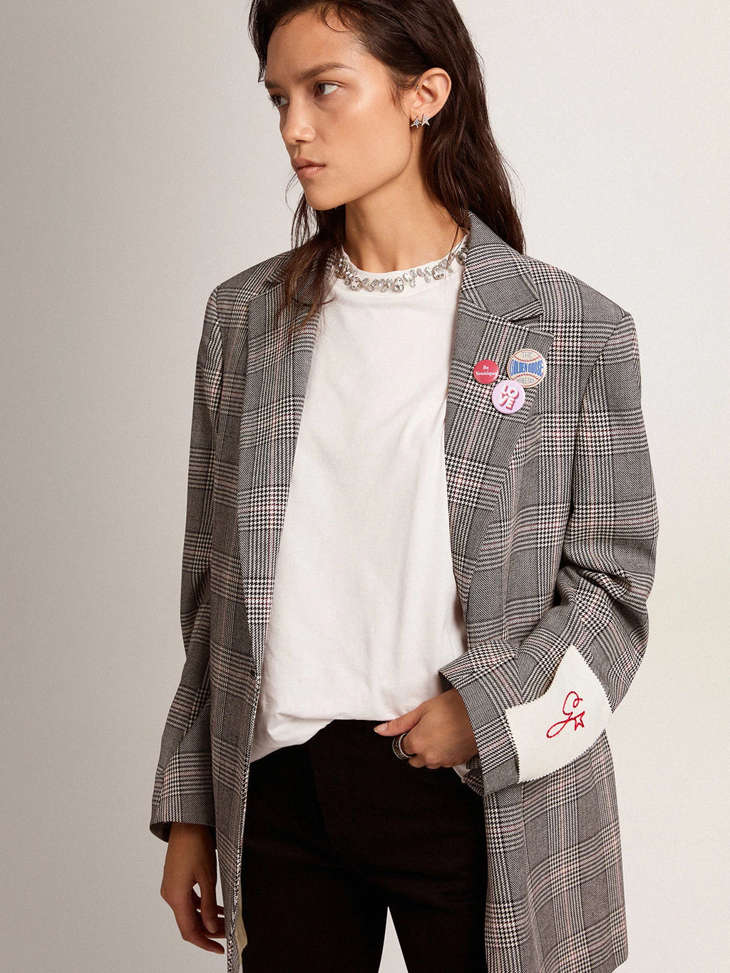Blazer monopetto donna Collezione Golden in principe di Galles grigio e bianco