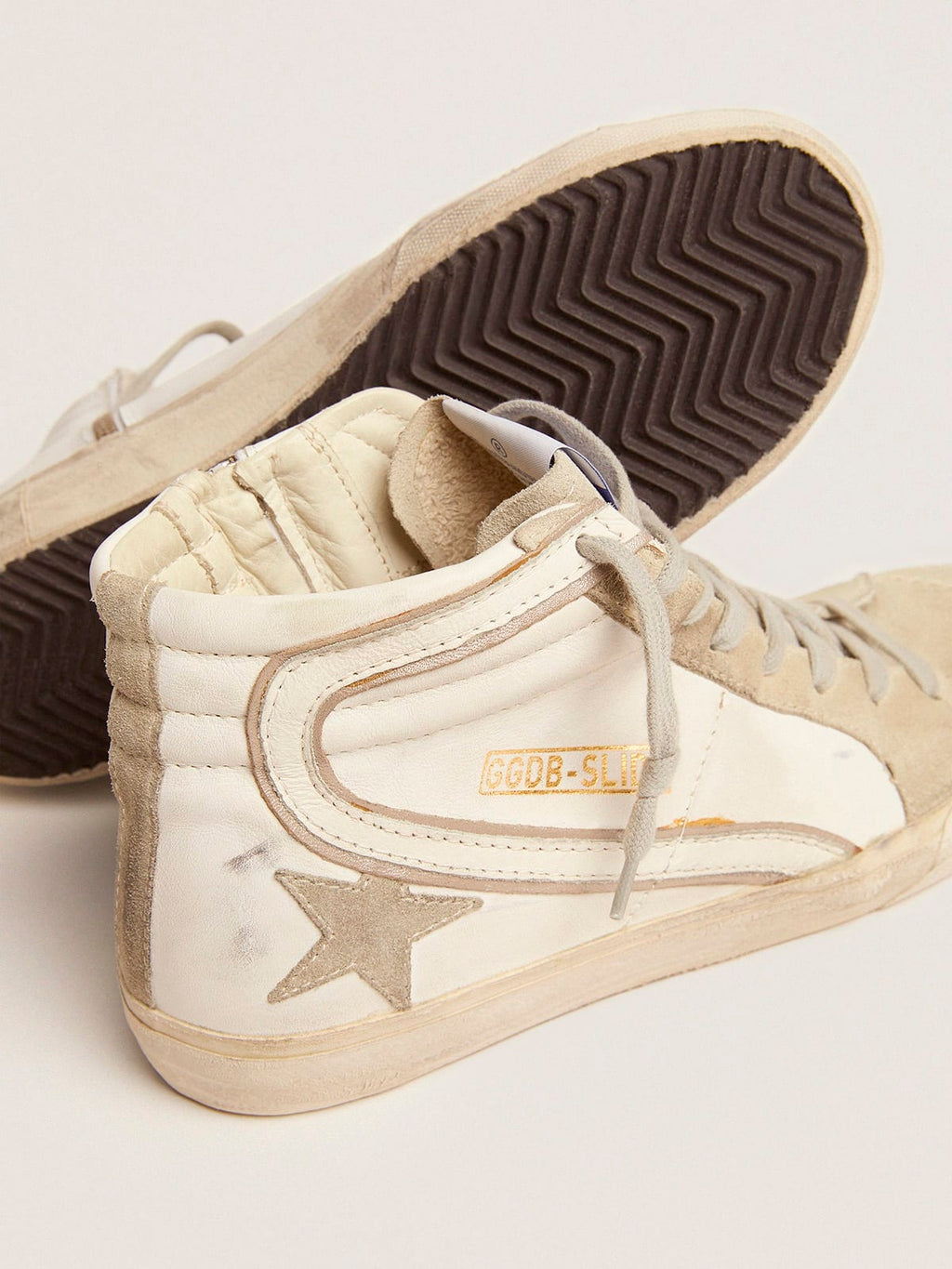 Sneaker Slide con stella in suede grigio ghiaccio e virgola in pelle bianca