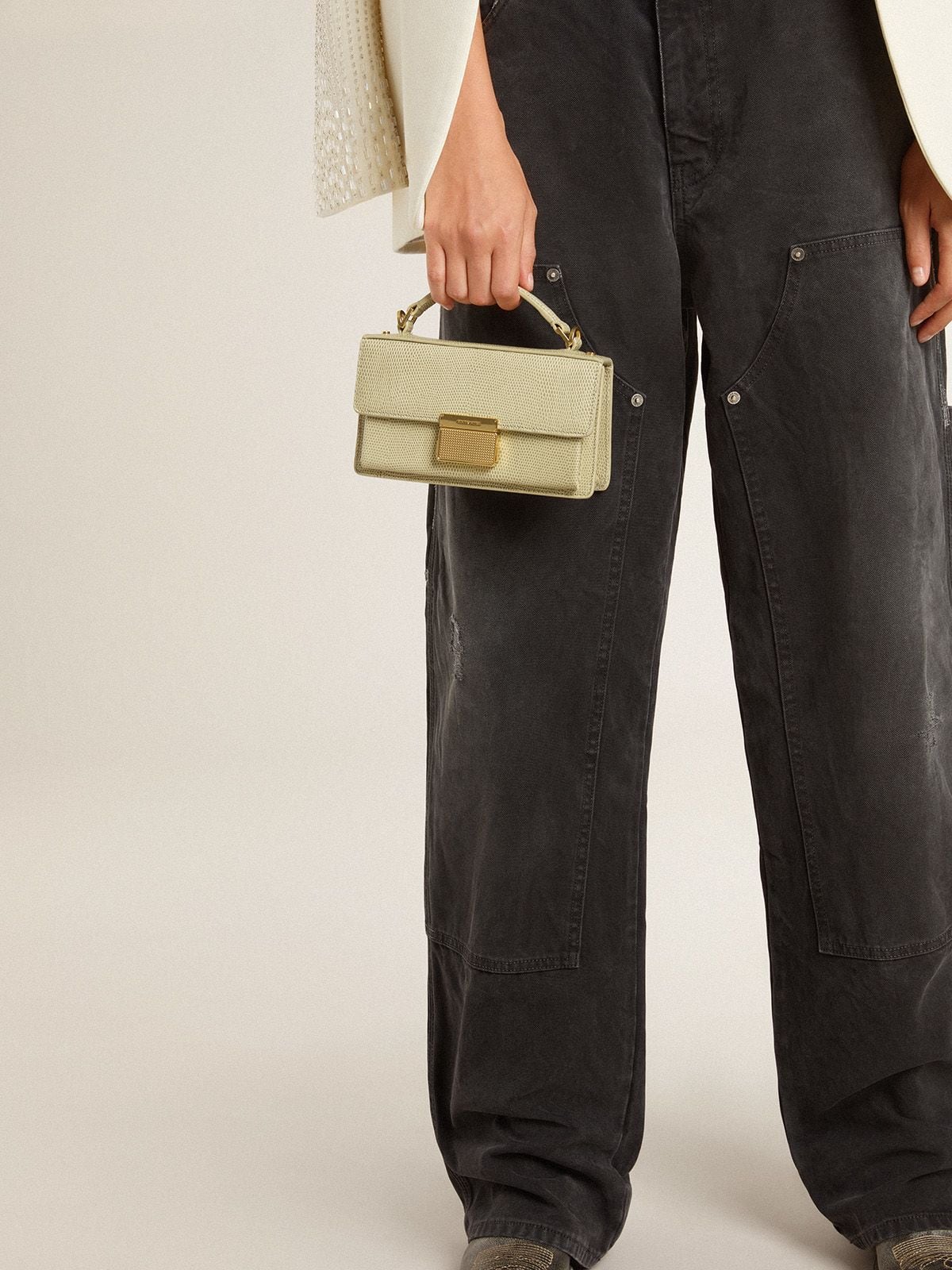 Small Venezia Bag in light green python-print leather with gold details
