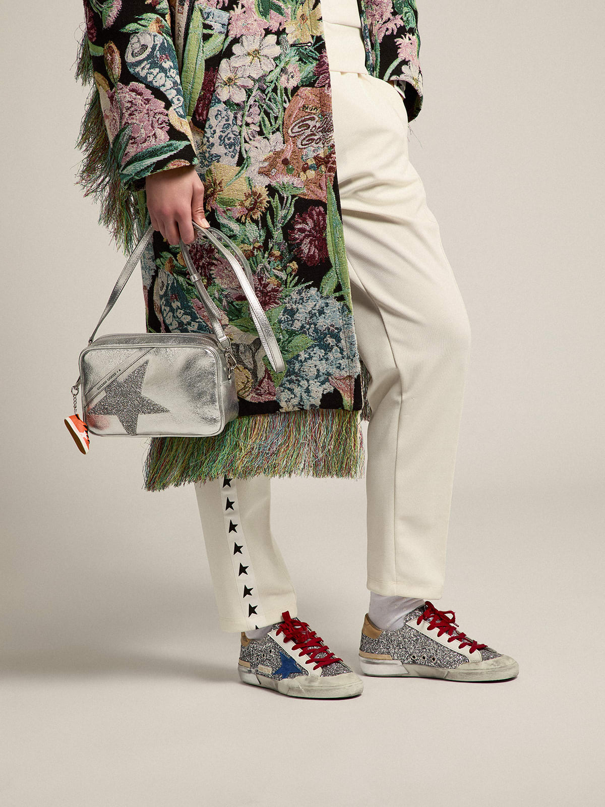 Sneaker Super-Star in glitter argento e multifoxing