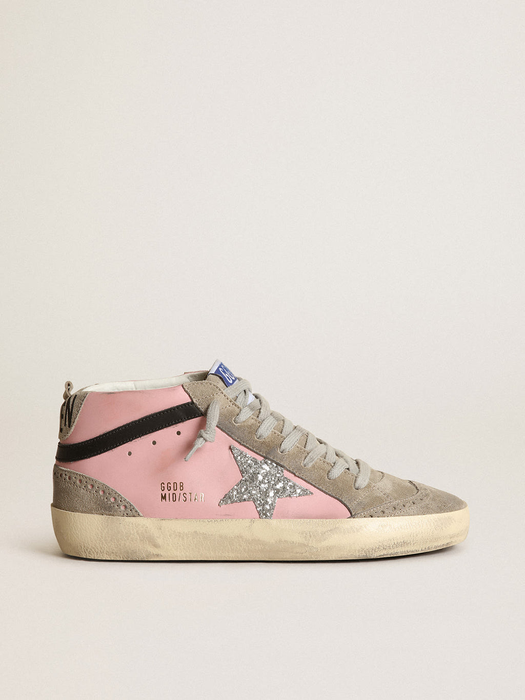 Sneaker Mid Star LTD in pelle rosa con stella in glitter argento e virgola in pelle nera