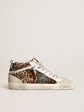 Sneaker Mid Star in cavallino leopardato con stella in pelle nera e virgola in pelle laminata color argento