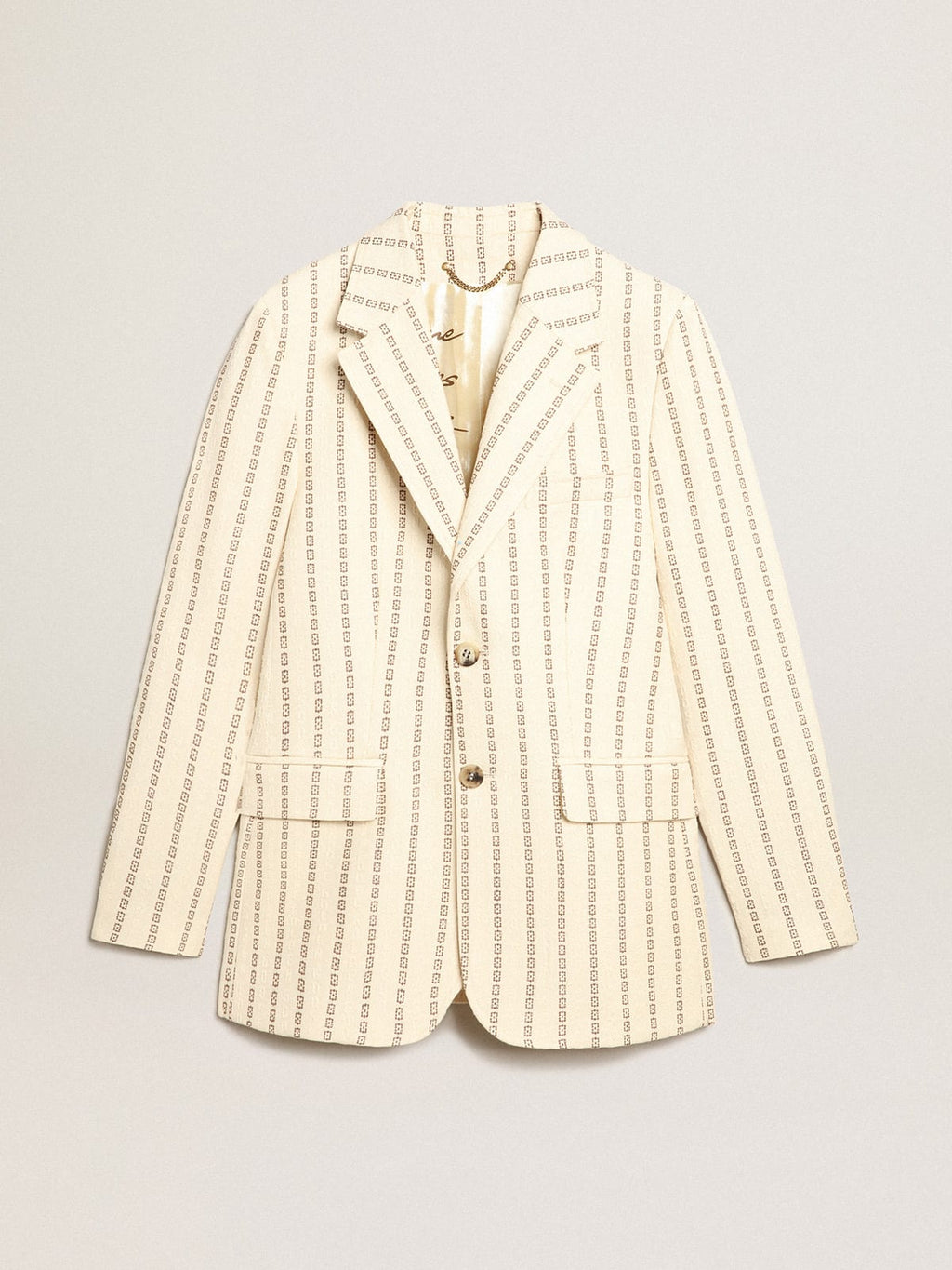 Blazer monopetto in cotone color panna con motivo jacquard