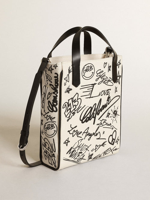 Borsa California Bag mini in cotone bianco con stampa nera a contrasto