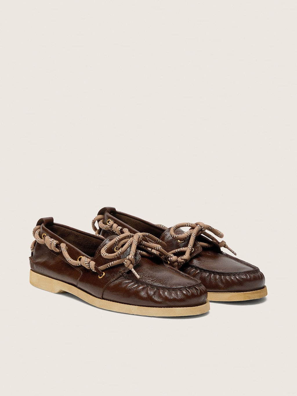 Men's Cruise loafers in glossy dark brown leather with dove gray hiking laces
