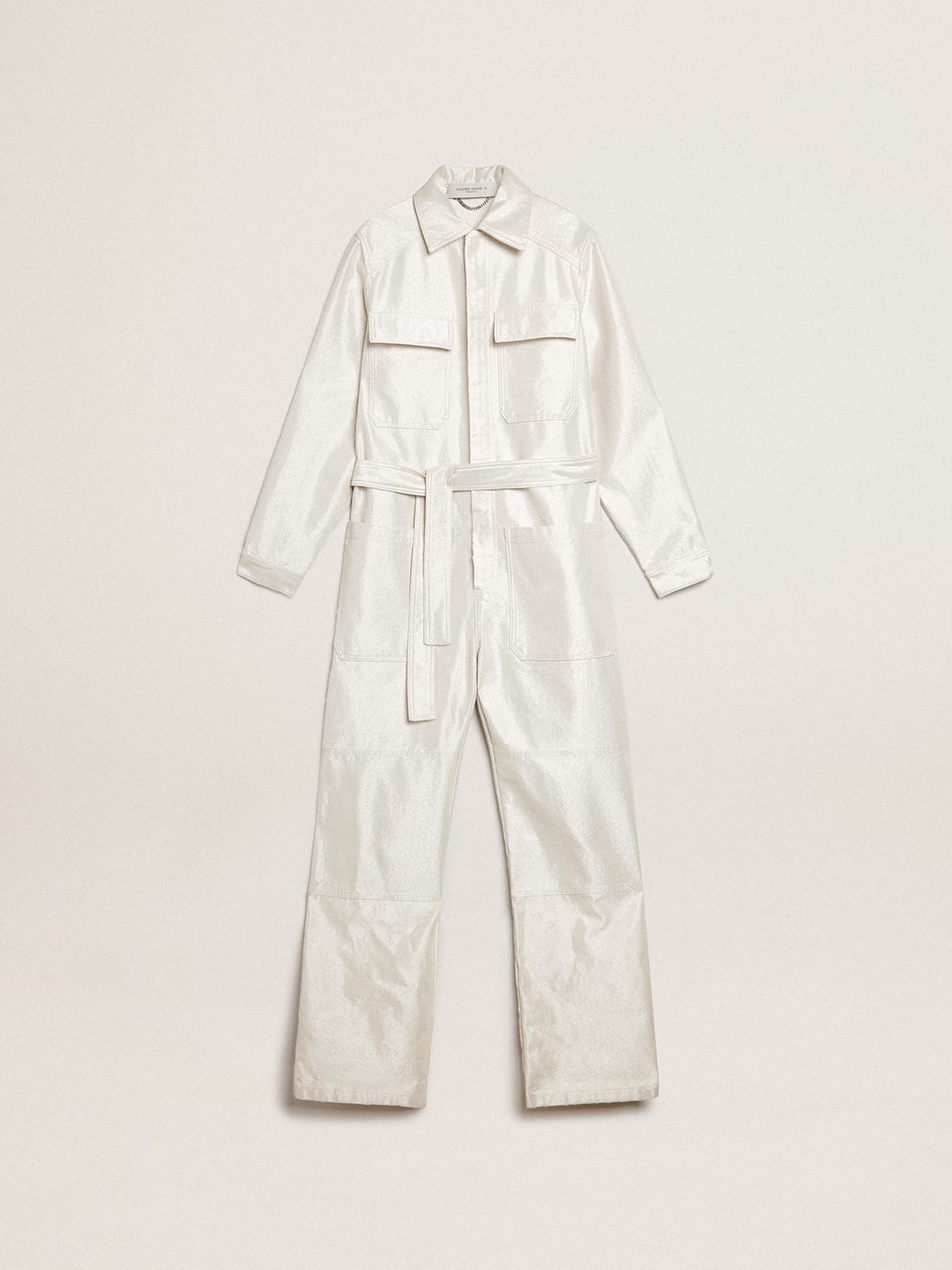 Tuta in denim di color bianco dorato