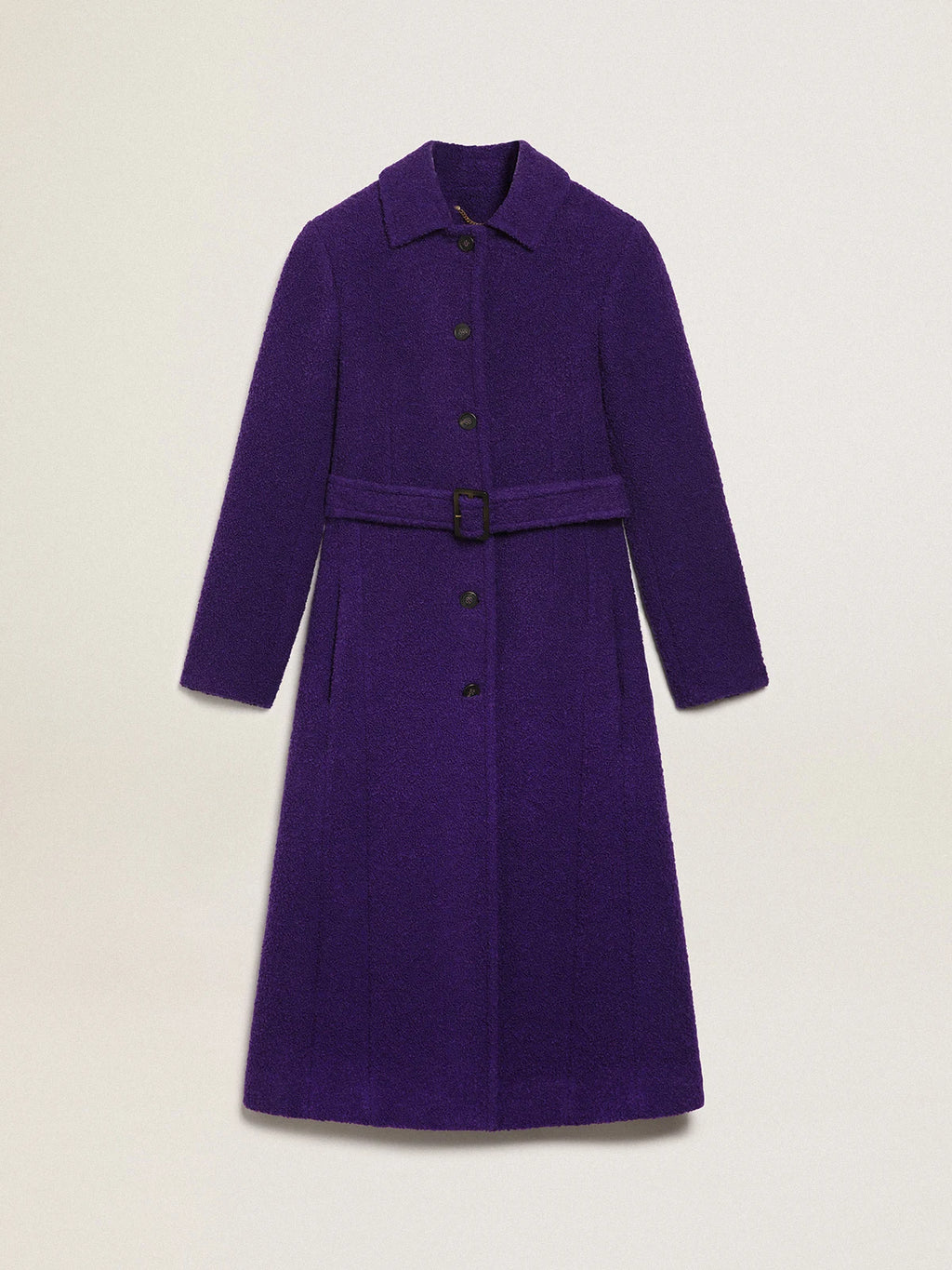 Cappotto Collezione Journey color viola indaco in lana e fodera interna con stampa disegnata