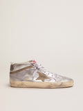 Sneaker Mid Star in pelle laminata color argento con stella e virgola in suede color tortora