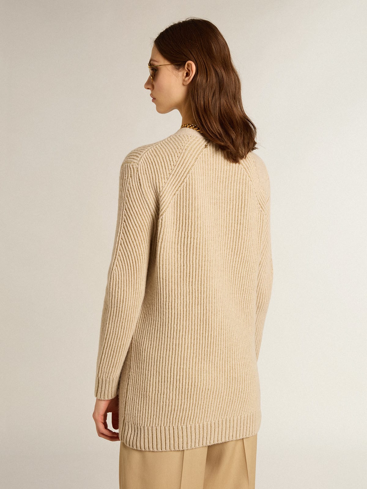 Cardigan in misto lana con trama punto costa inglese