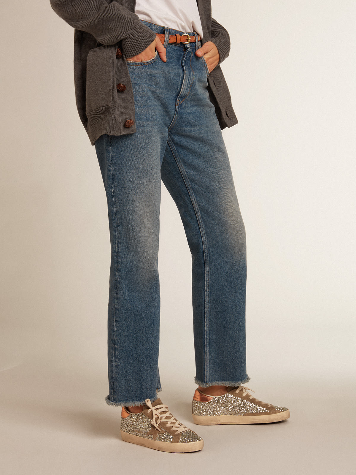 Super-Star in glitter platino con stella in suede color tortora