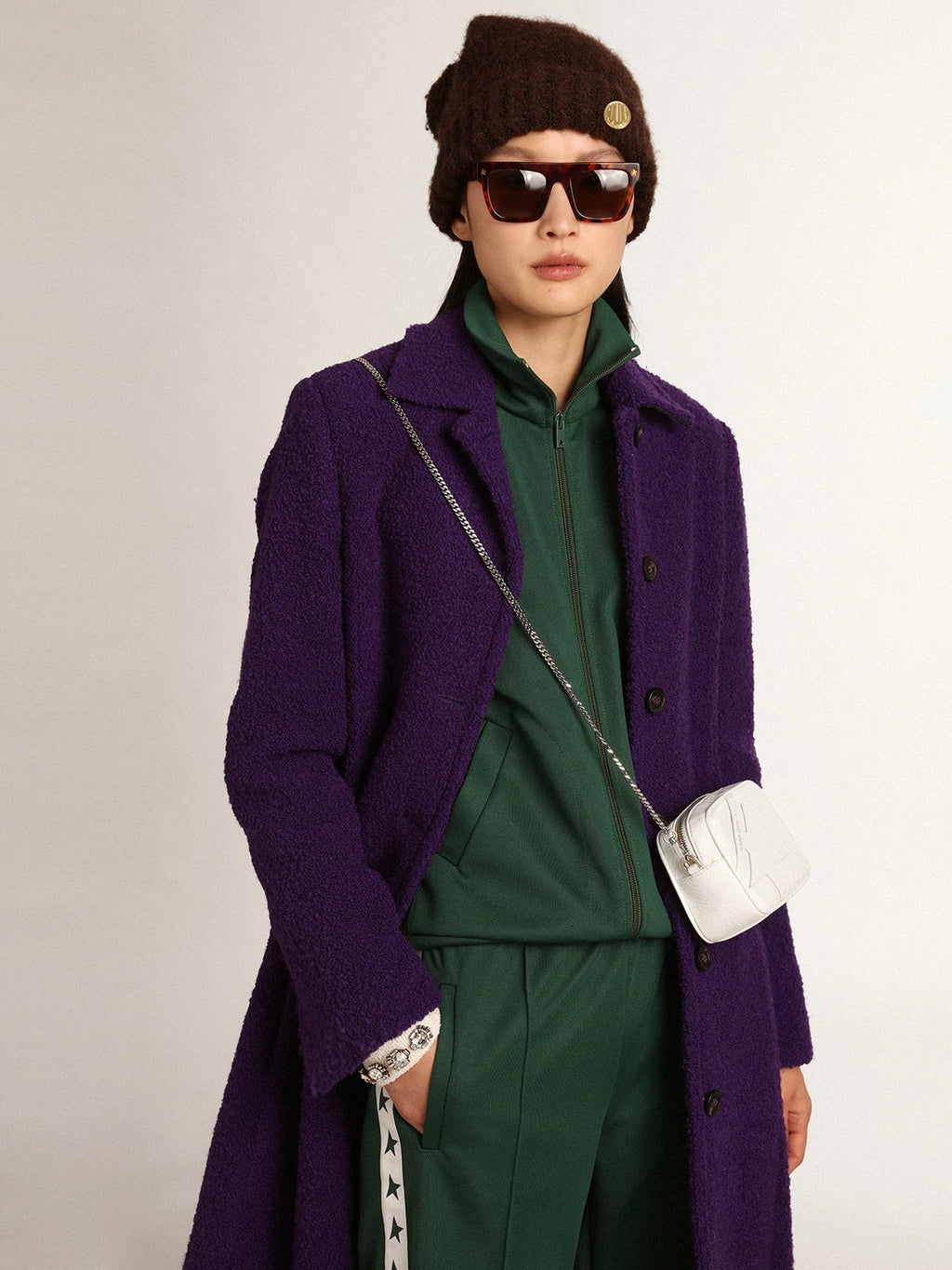 Cappotto Collezione Journey color viola indaco in lana e fodera interna con stampa disegnata