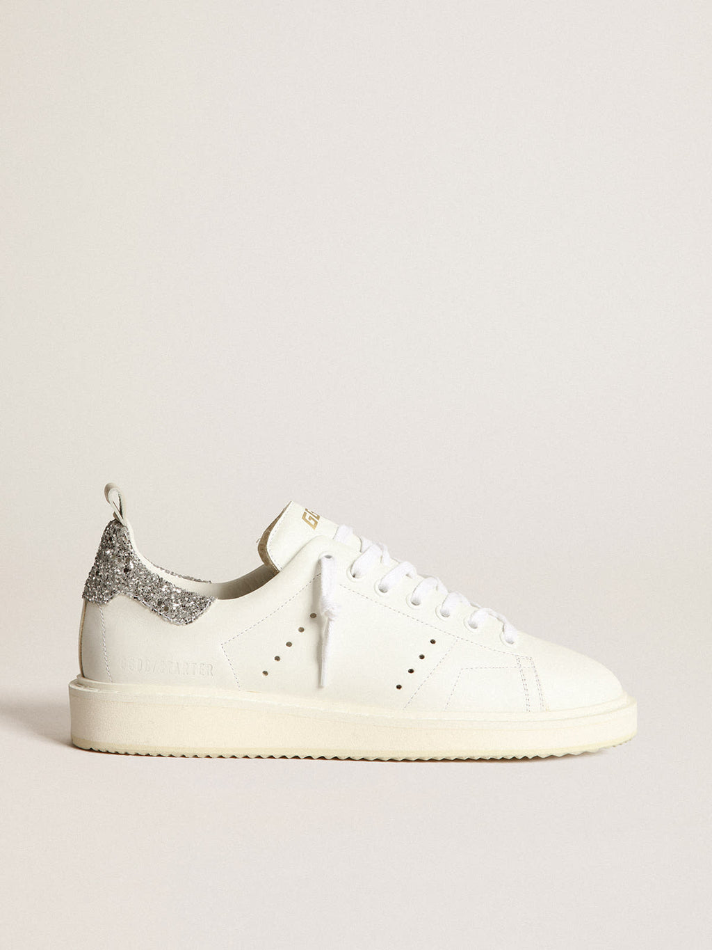 Sneaker Starter in pelle bianca con talloncino in glitter argento