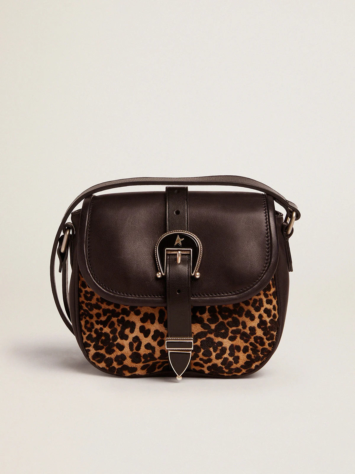 Borsa Rodeo Bag small in pelle nera e cavallino leopardato