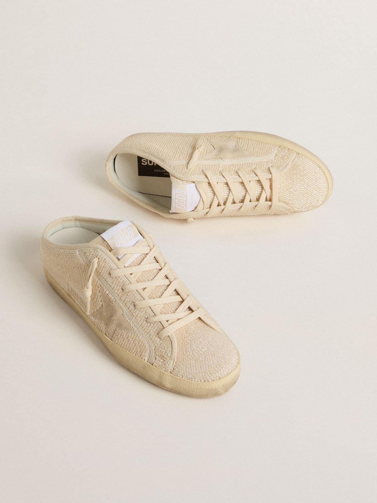 Women's Super-Star Sabot in beige canvas with embroidered beads and beige suede star