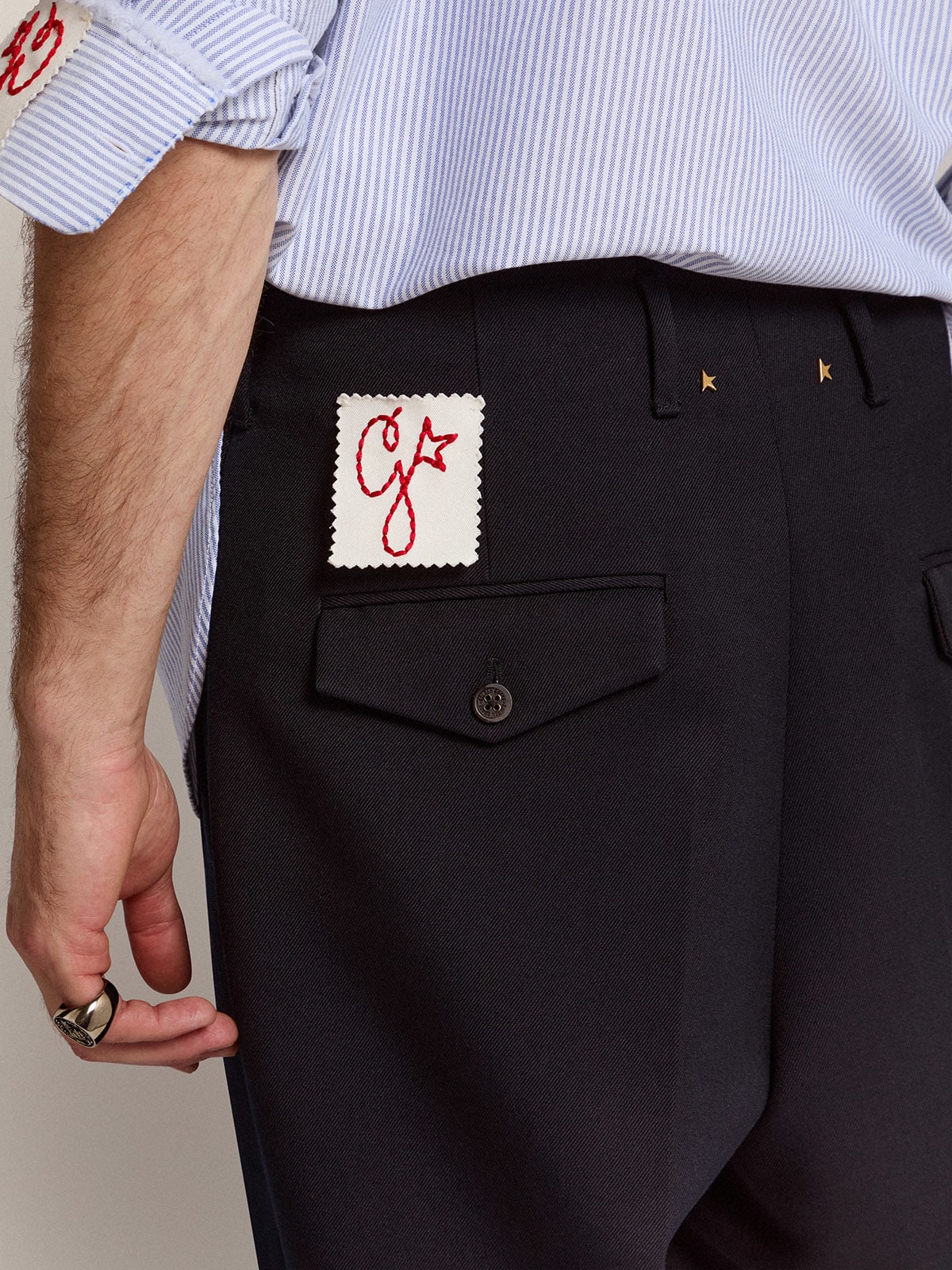 Pantalone dalla gamba ampia Collezione Golden in lana blu scuro