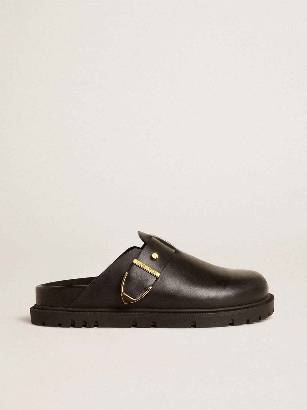 Women's Lucy Sabot in glossy black leather with gold metal buckle