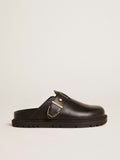 Women's Lucy Sabot in glossy black leather with gold metal buckle