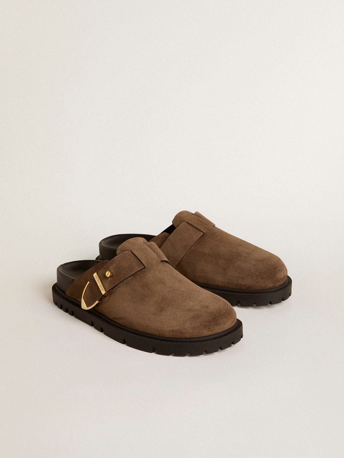 Women's Lucy Sabot in dove-gray suede with gold metal buckle