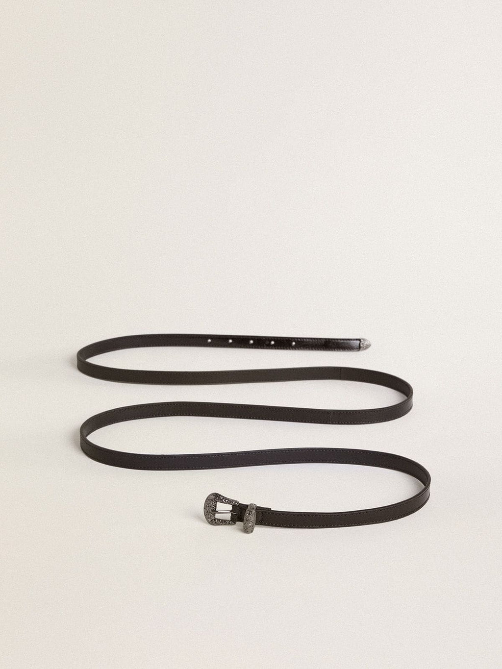 Black leather belt with silver buckle