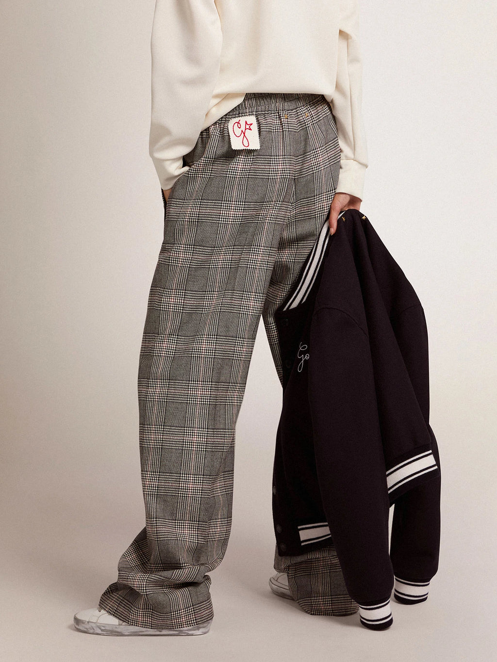Pantalone jogging in principe di Galles grigio e bianco