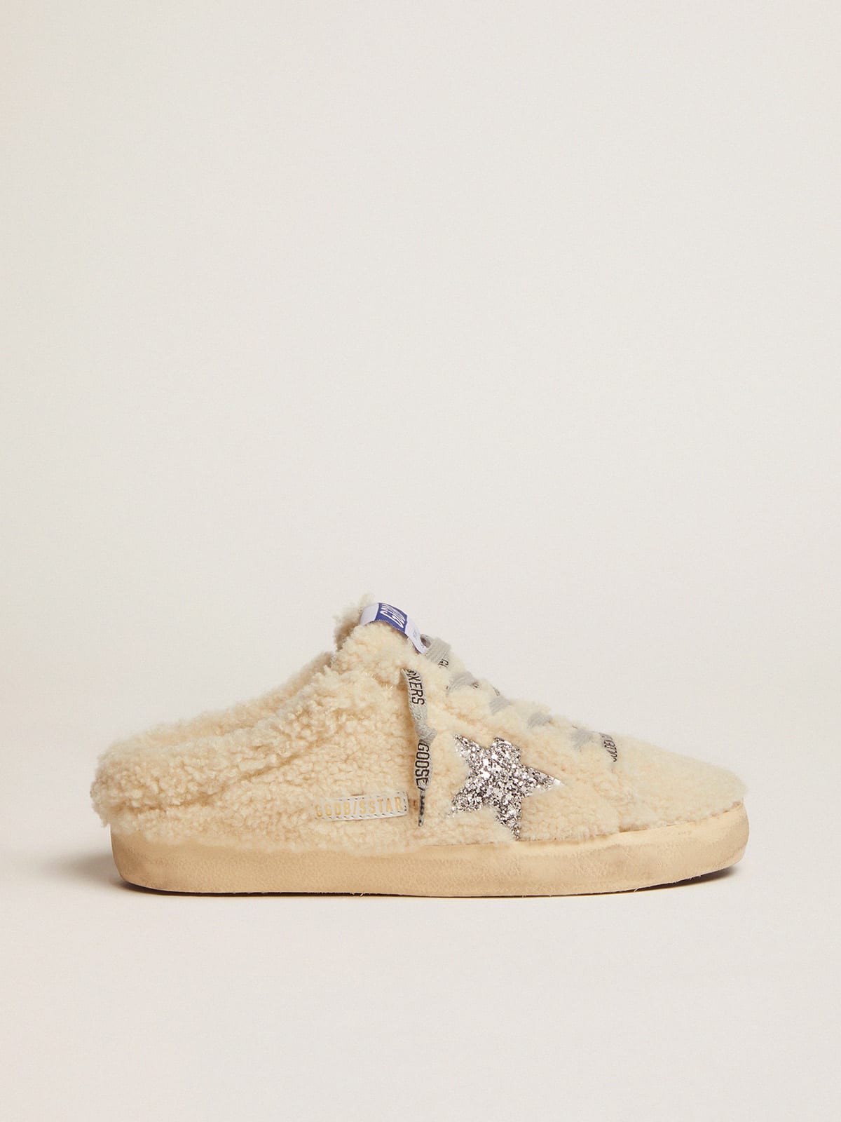 Super-Star Sabot in shearling bianco e stella in glitter