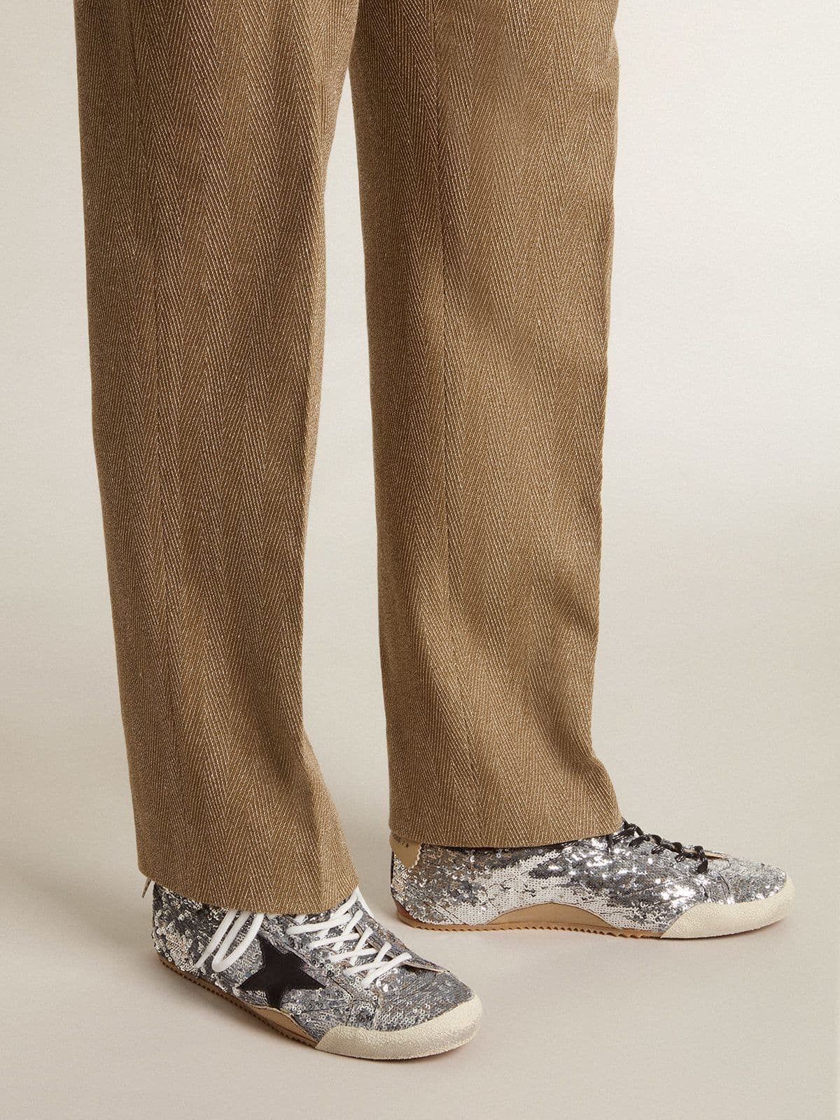 Men's True-Star in silver sequins with black star and beige leather heel tab