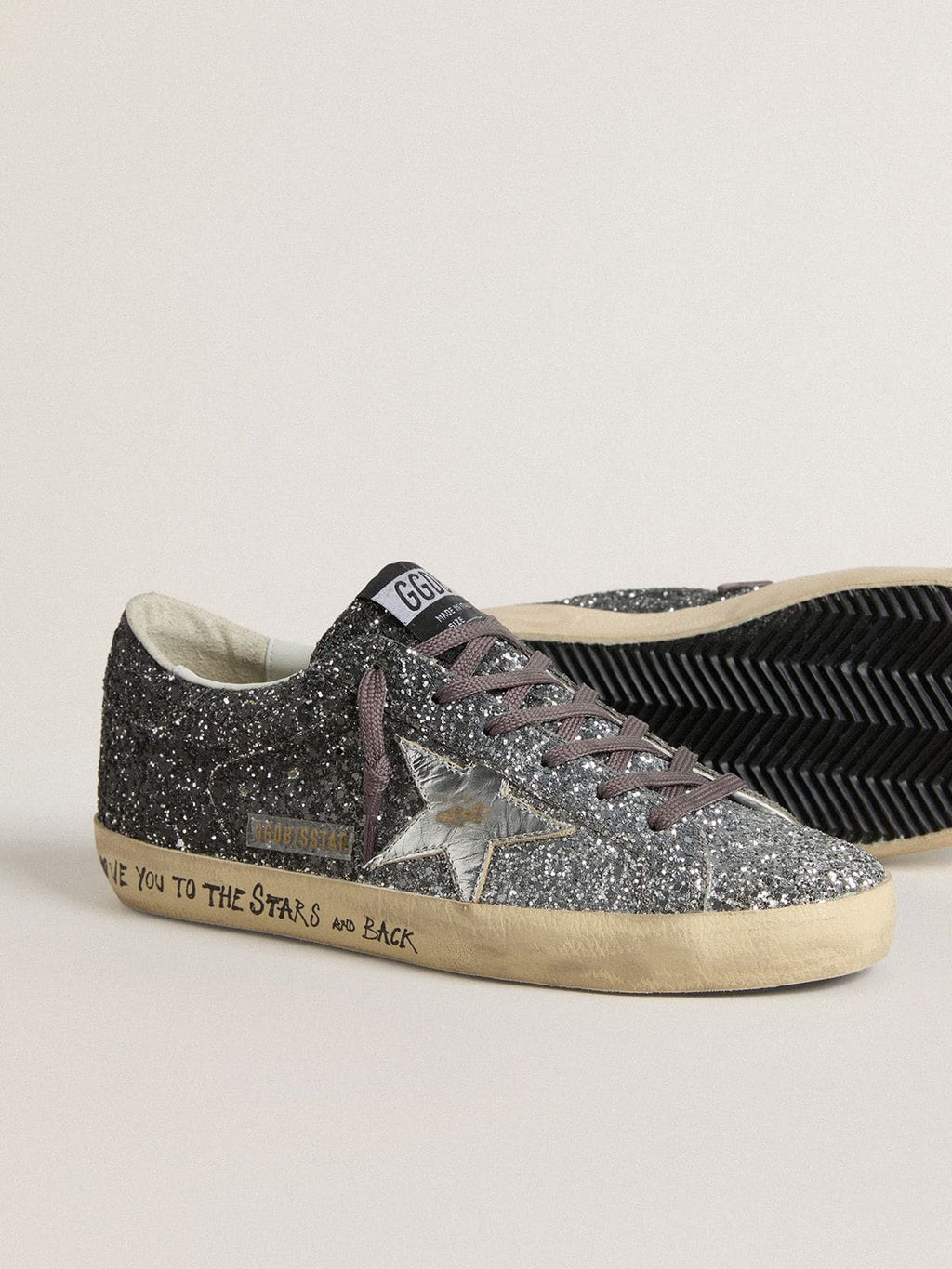 Women's Super Star with glitter upper and silver metallic leather star