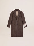 Cappotto monopetto in lana con trama spigata beige e grigio