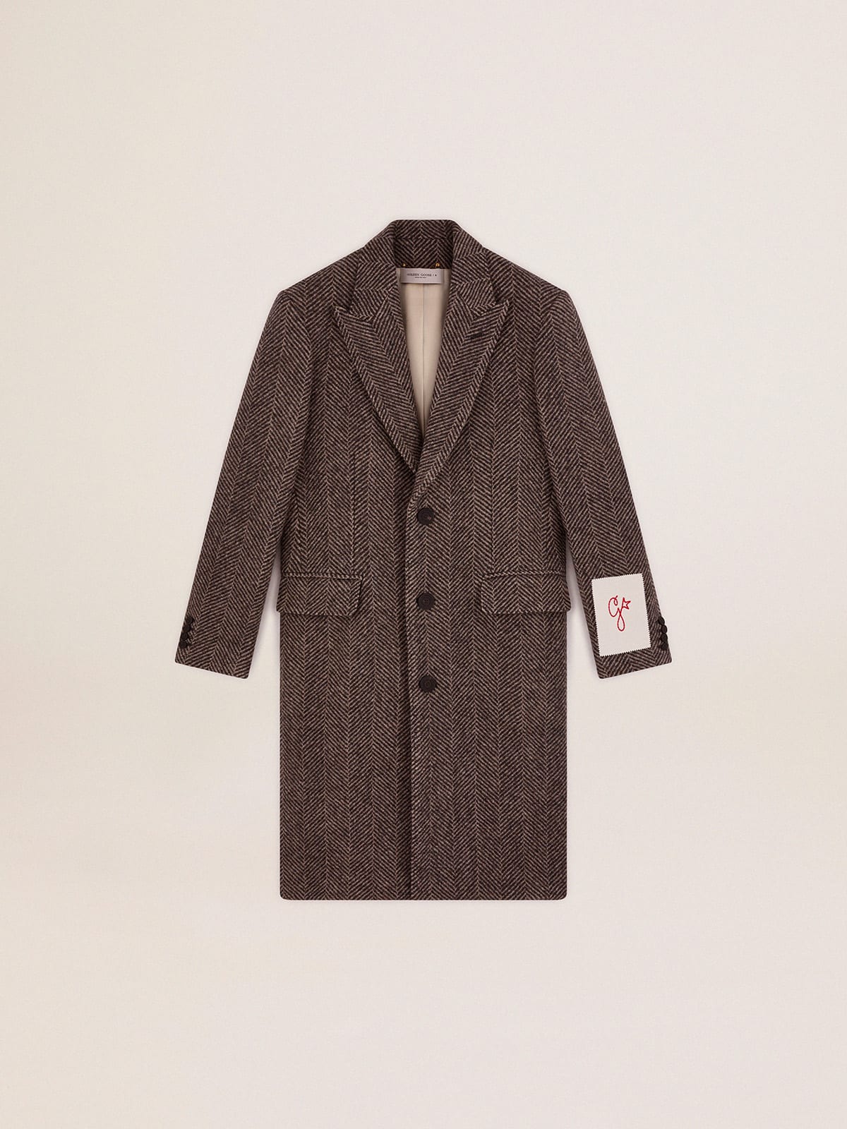Cappotto monopetto in lana con trama spigata beige e grigio